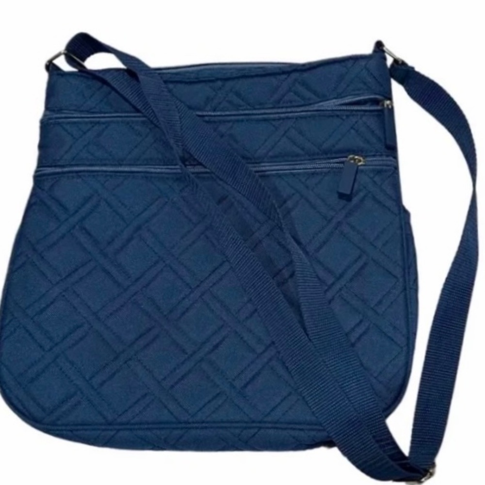 Blue Quilted Bag Outer/Inner Zipped Pockets Slip Pockets Cell etc Adjust Strap